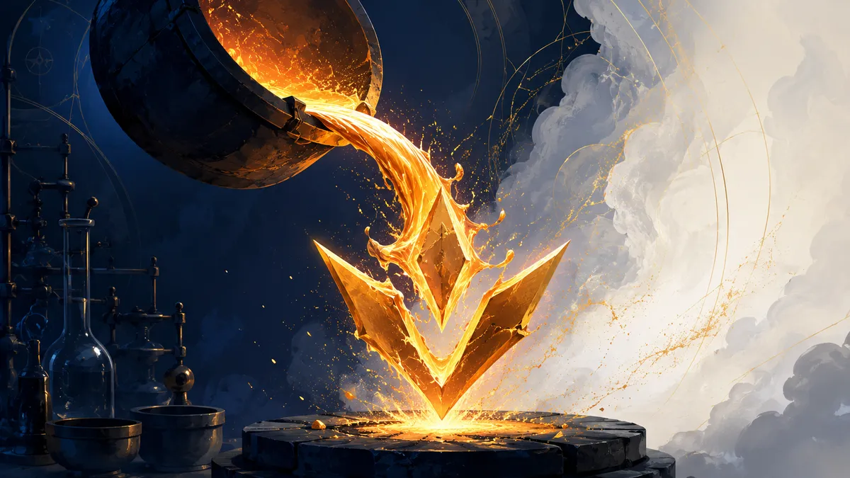 Rough dark rock melting into glowing liquid gold that forms a distinctive logo mark