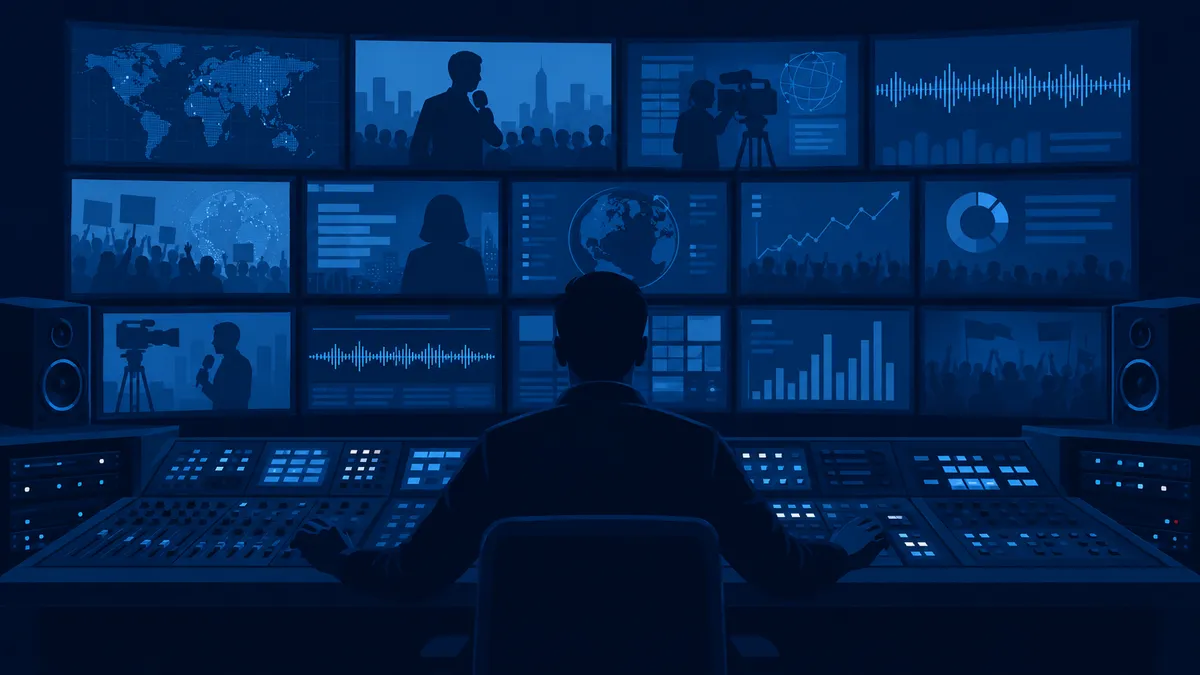 Control room of screens showing news headlines and social feeds all shifting to one glowing brand message