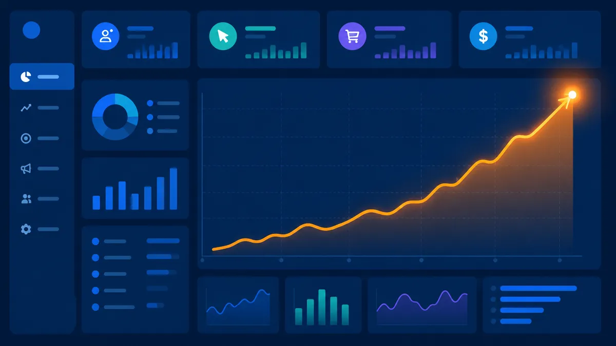 Dark analytics dashboard with a sharply climbing revenue line and faded ad platform logos behind it