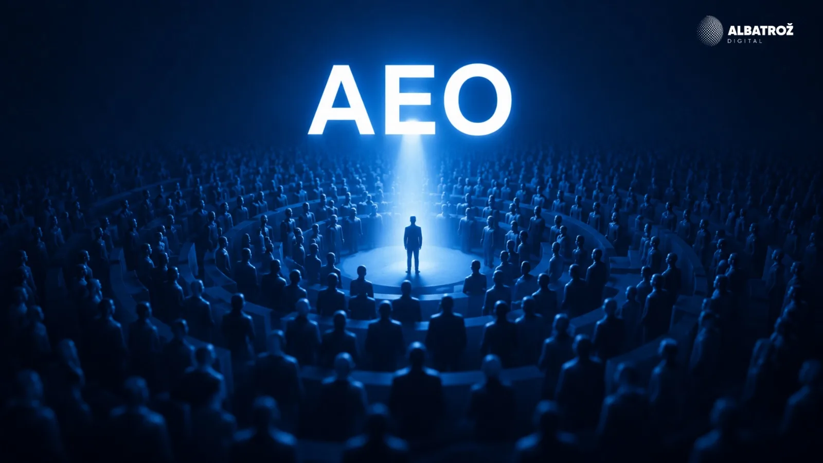 A single figure lit by a spotlight in the centre of a vast crowd, under the word AEO