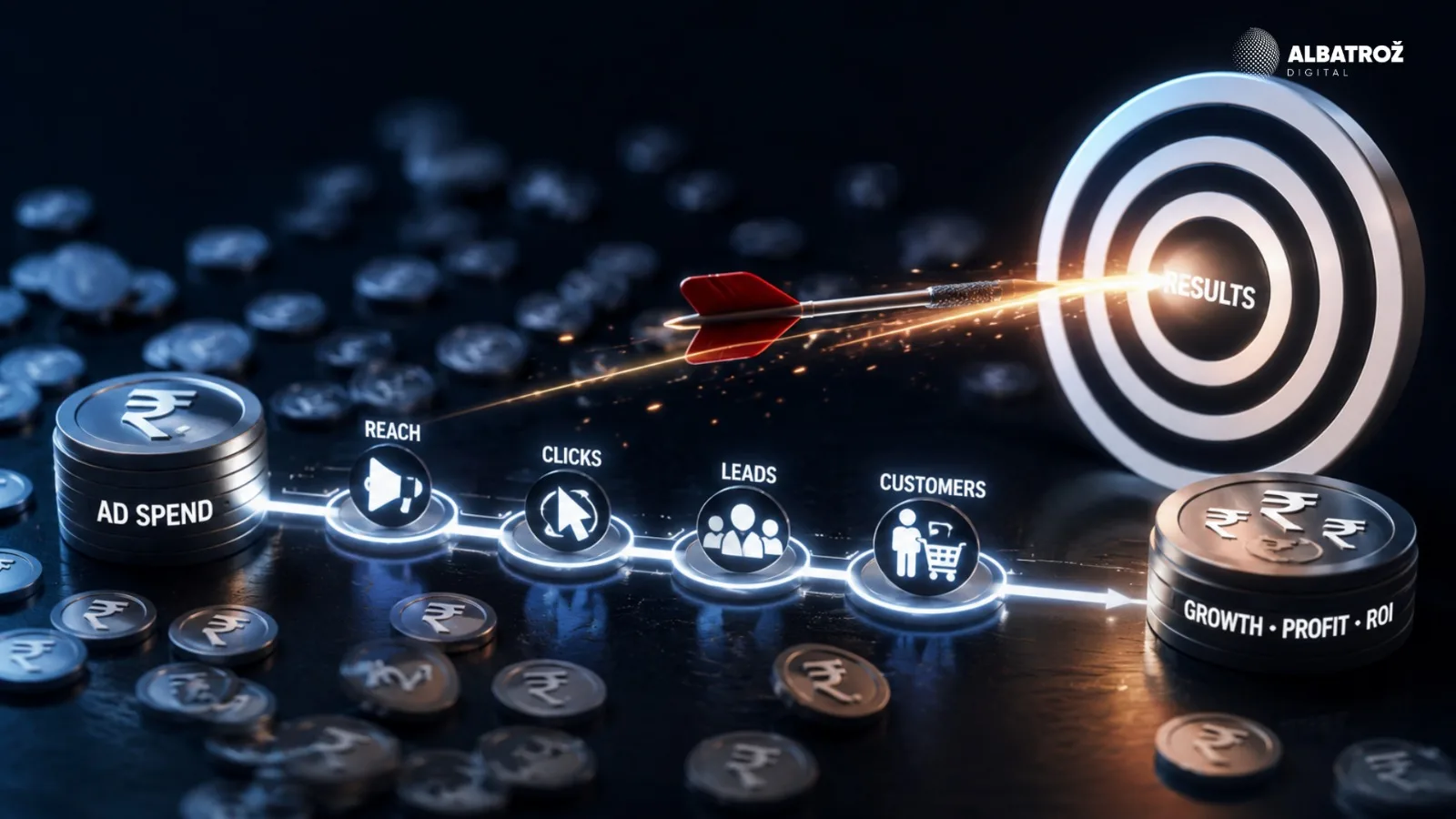 Ad spend moving through reach, clicks, leads and customers into growth, profit and ROI, with a dart striking a results bullseye