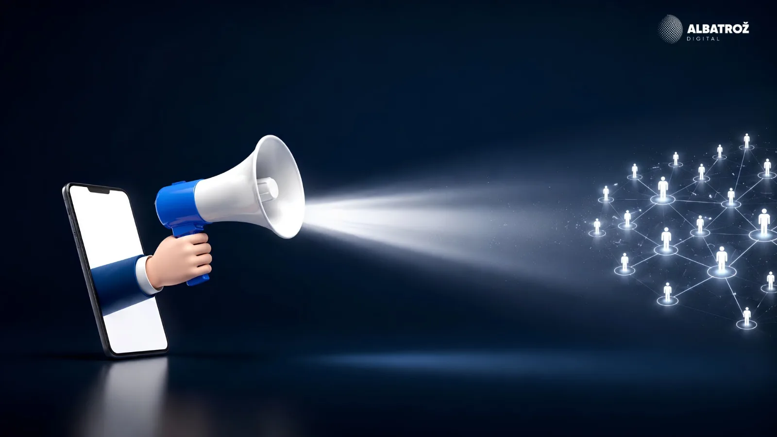 A megaphone reaching out of a phone screen, its beam spreading into a connected network of people