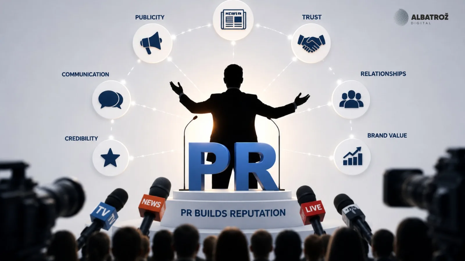 A speaker at a podium marked PR facing press microphones and cameras, ringed by publicity, trust, credibility and brand value